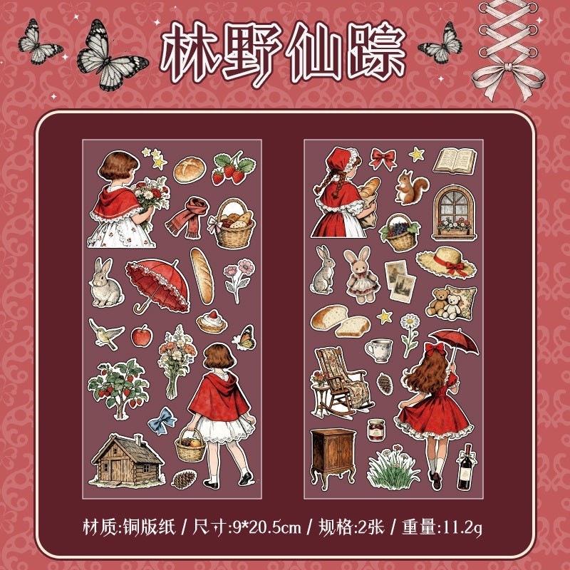 StationeryHaul Misty Fairy Tale stickers: red hooded girls, bunnies, teddy bears, bread, fruit, houses, umbrellas, butterflies, and woodland elements.
