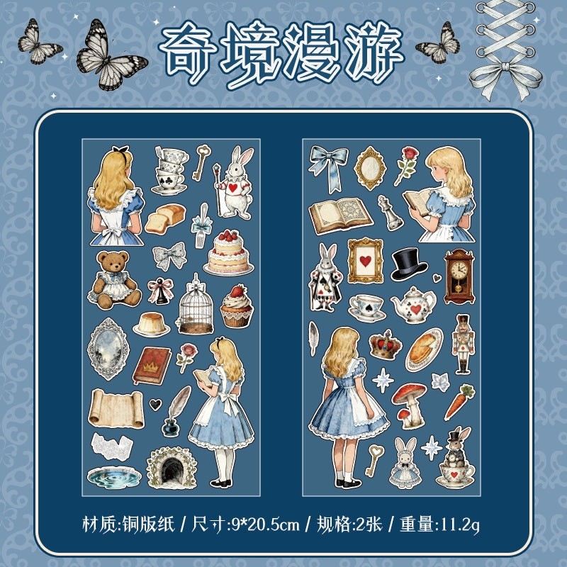 StationeryHaul Misty Fairy Tale stickers: Alice, teddy bear, rabbit, cake, teapot, butterflies, vintage storybook elements.