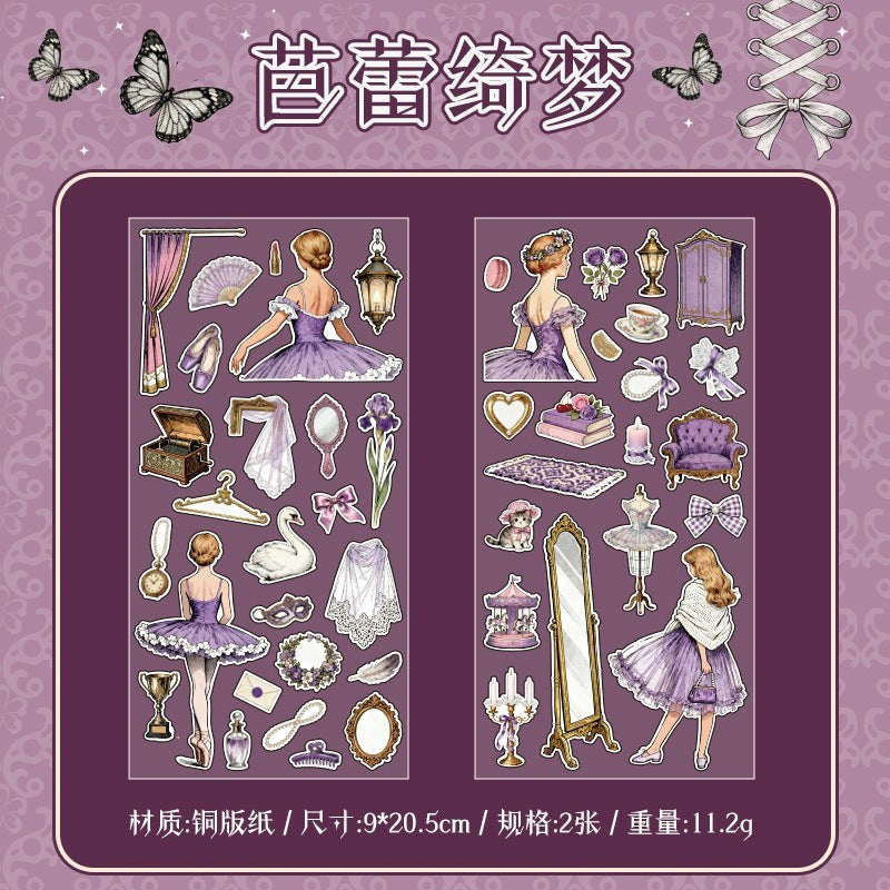 StationeryHaul Misty Fairy Tale stickers feature ballerinas, swans, vintage furniture, and delicate accessories in purple and white.