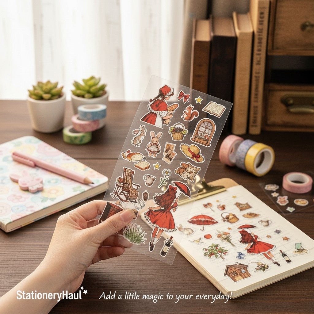 StationeryHaul decorative sticker set with fairy tale theme, featuring girls in red dresses, bunnies, teddy bears, and woodland elements.