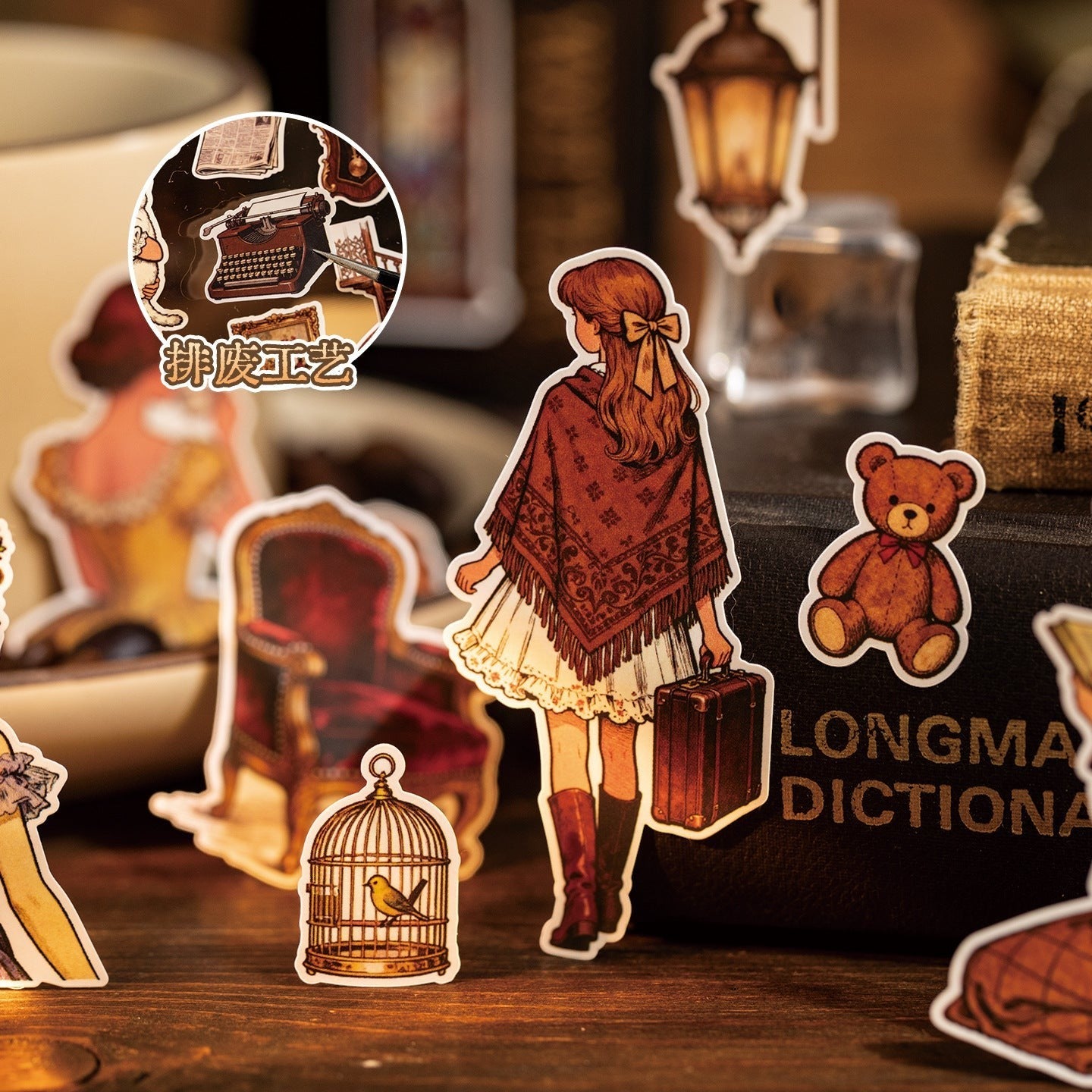 StationeryHaul Misty Fairy Tale stickers: girl with suitcase, teddy bear, birdcage, armchair, typewriter, lamp.