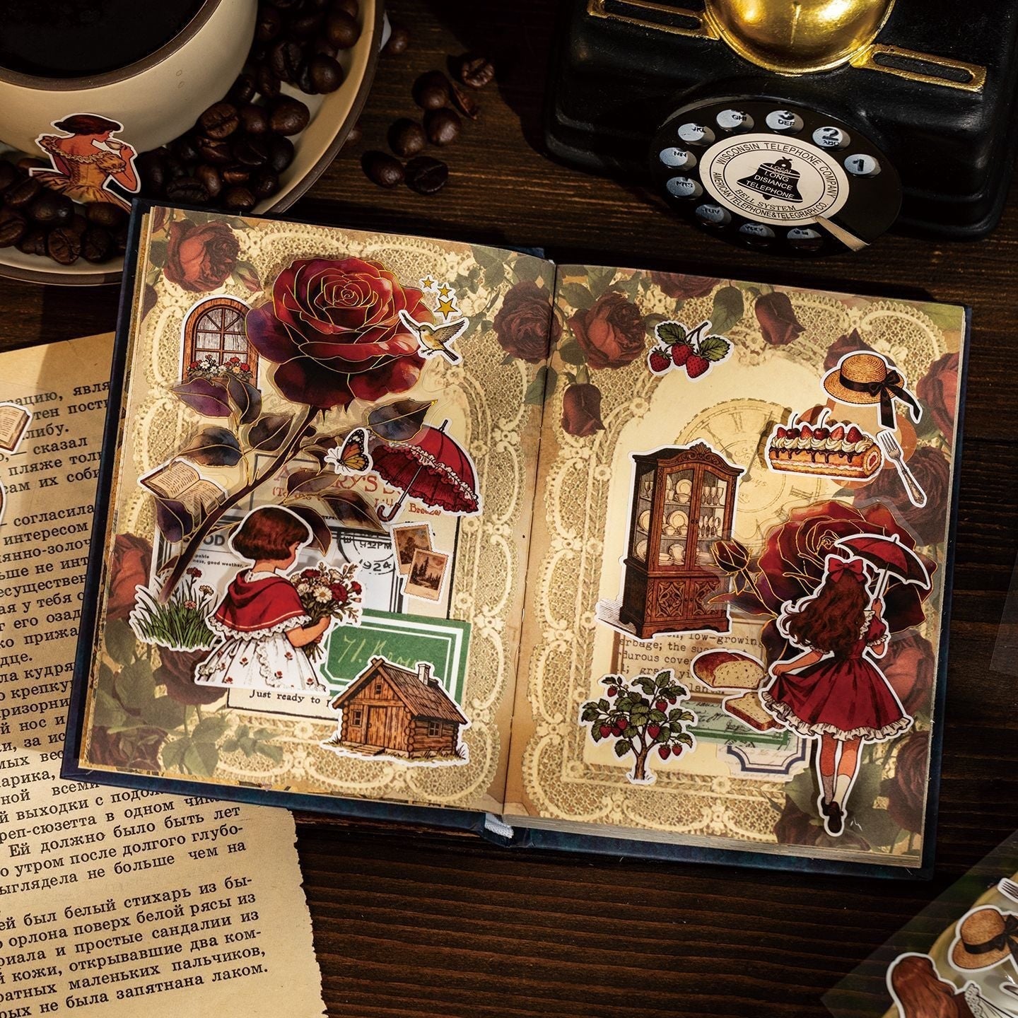 StationeryHaul Misty Fairy Tale stickers: vintage rose, girl with umbrella, cabin, cabinet, cake, strawberries, and more.