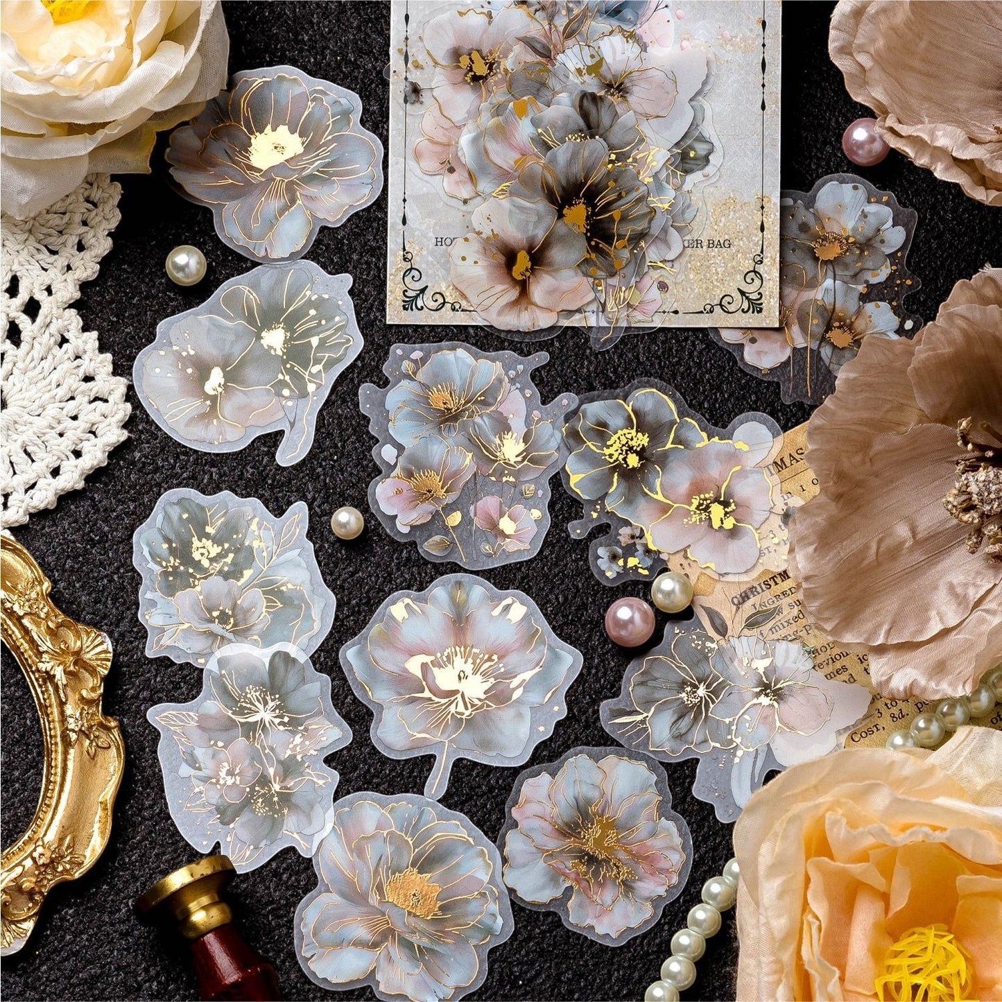 StationeryHaul floral PET stickers with gold foil accents for journaling and scrapbooking decoration