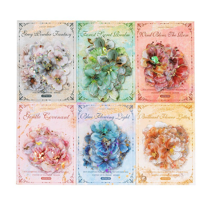 StationeryHaul Poetry of Flowers series PET sticker packs featuring matte floral designs with gold foil accents