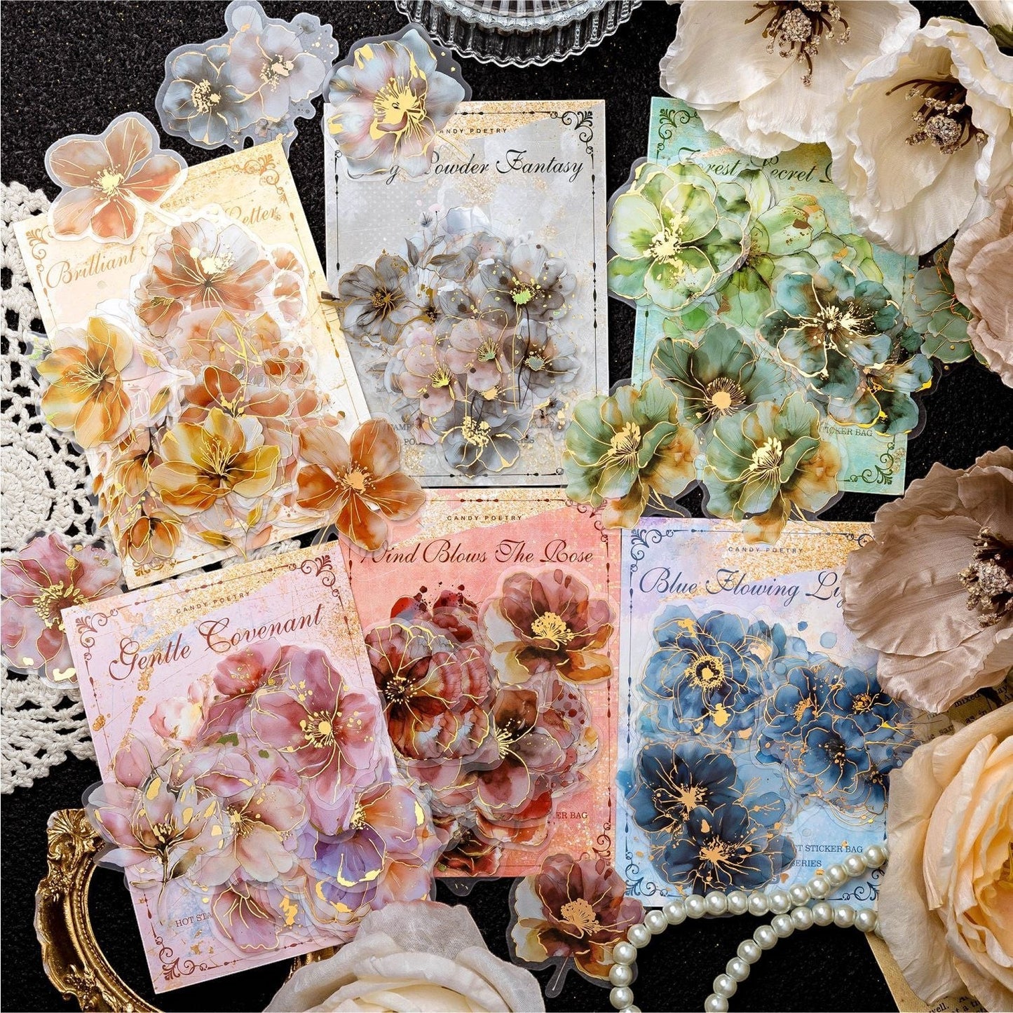 StationeryHaul floral PET stickers with gold foil accents in six assorted color themes for journal decoration