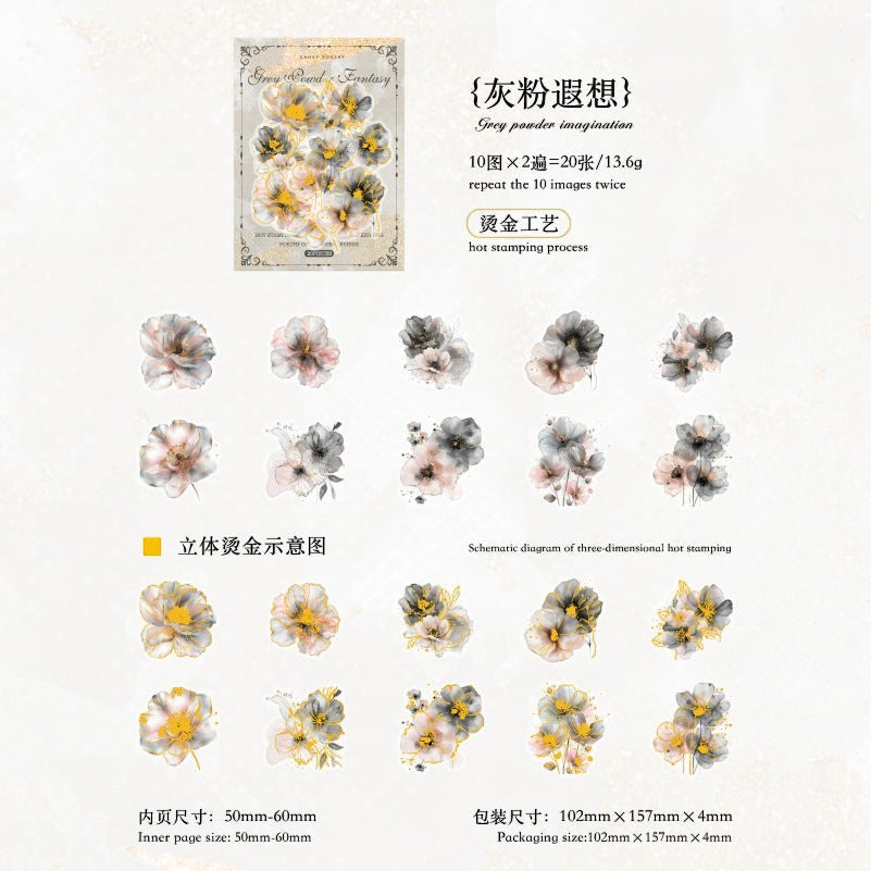 StationeryHaul floral PET stickers featuring grey and pink watercolor flowers with gold foil hot stamping details.