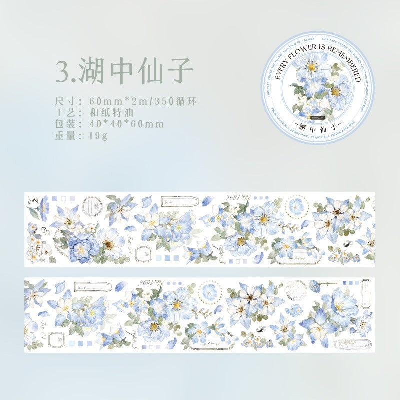 StationeryHaul blue and white floral washi tape with vintage script and decorative elements. Watercolor blossoms.