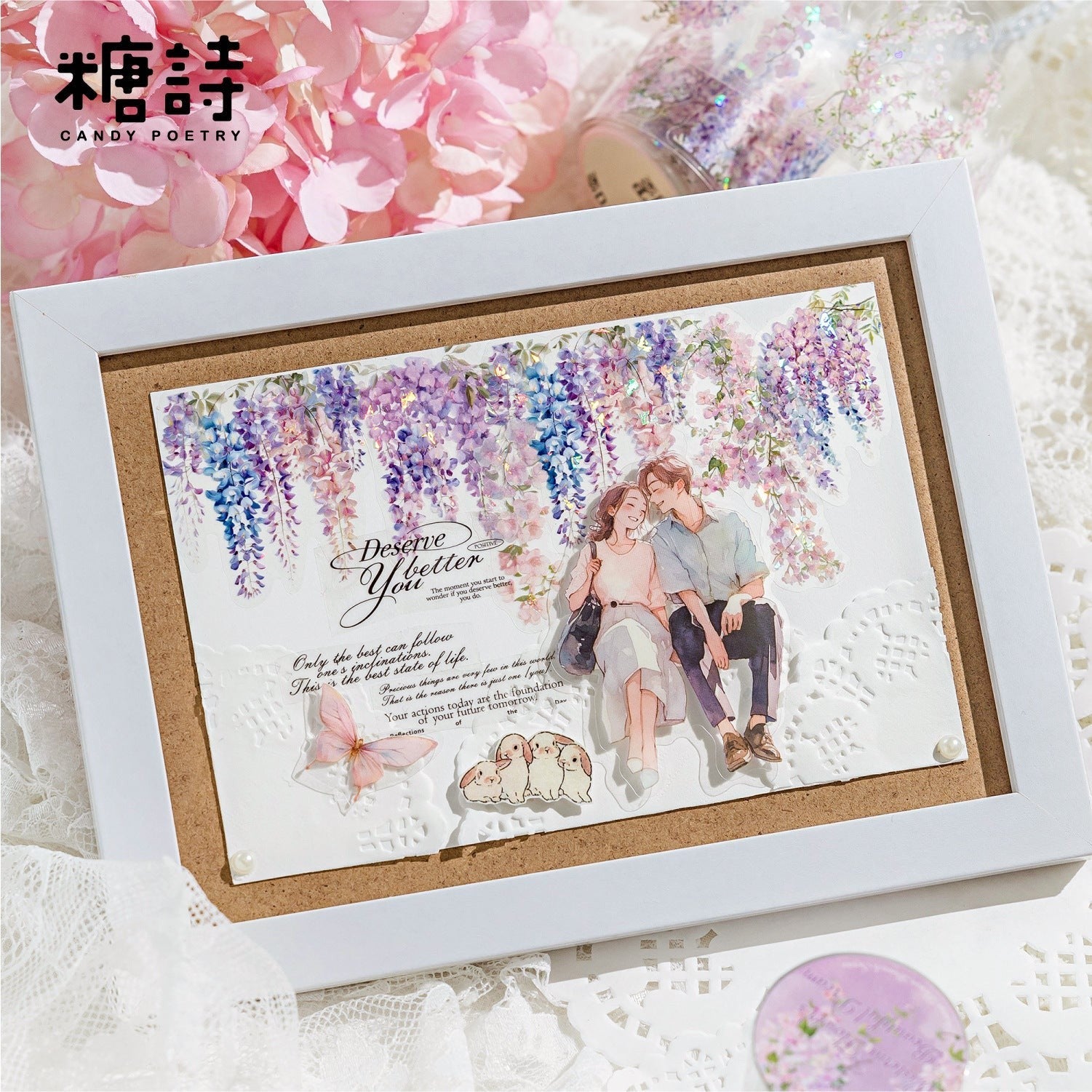 StationeryHaul Candy Poetry floral washi tape collection with a couple sitting under wisteria flowers, butterflies, and bunnies.