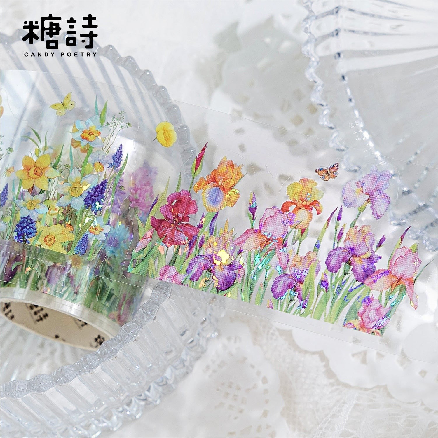 StationeryHaul Candy Poetry floral washi tape with irises, daffodils, and butterflies in pastel colors.