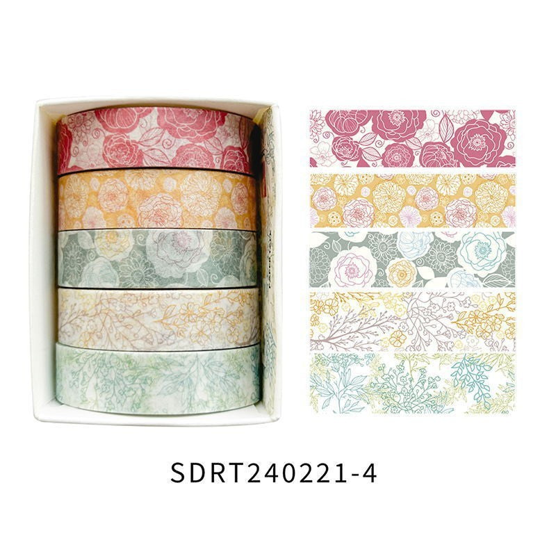 StationeryHaul set of 5 floral washi tapes featuring delicate pink, yellow, and green botanical patterns for journals