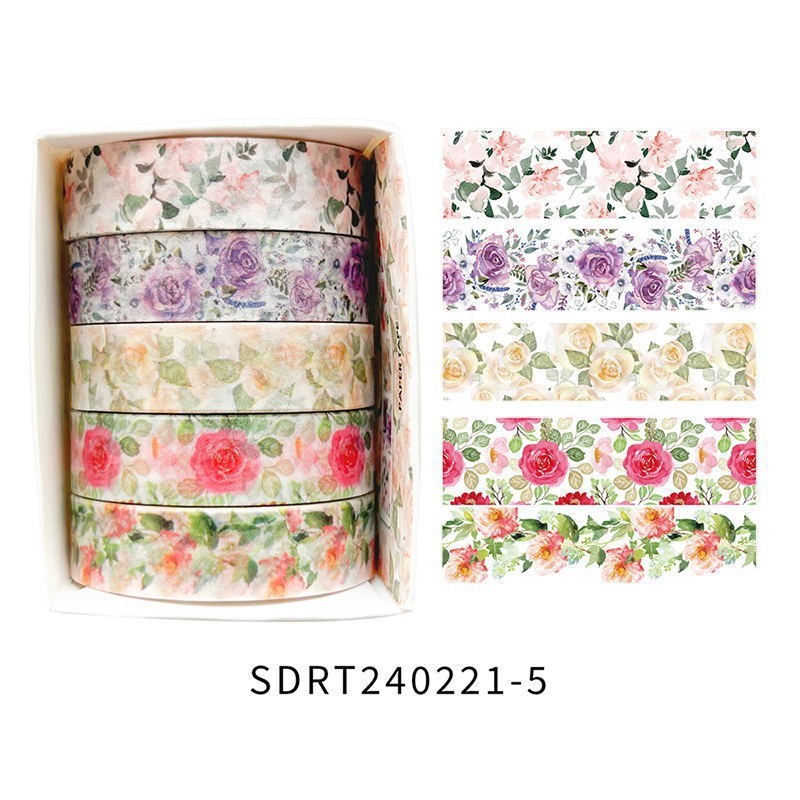 StationeryHaul floral washi tape set featuring five rolls with watercolor rose and botanical garden patterns
