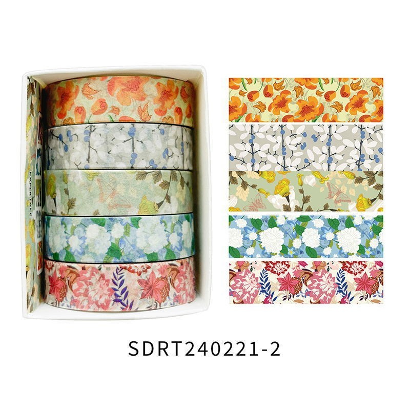 StationeryHaul set of 5 floral washi tapes featuring colorful botanical patterns for journaling and scrapbooking