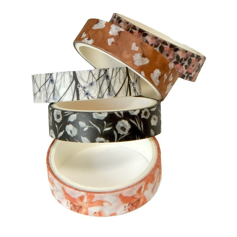StationeryHaul floral washi tape set featuring five rolls with assorted botanical patterns and soft spring colors.