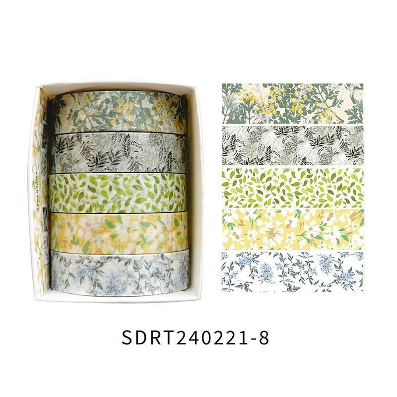 StationeryHaul set of 5 floral washi tapes featuring botanical patterns in soft green, yellow, and blue pastel tones.