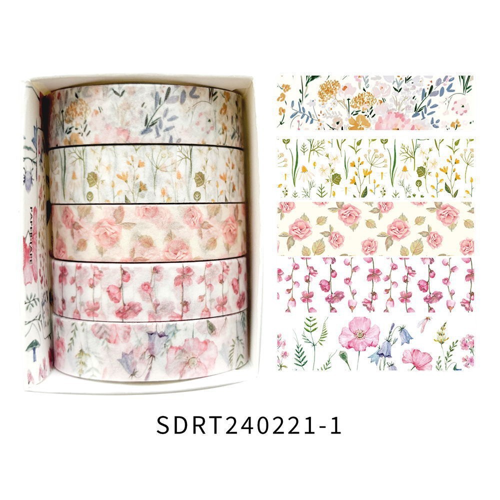 StationeryHaul floral washi tape set featuring 5 rolls with vintage watercolor botanical and wildflower patterns