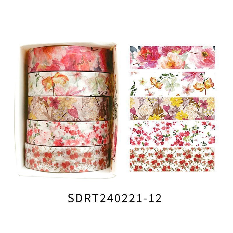 StationeryHaul set of 5 floral washi tapes featuring watercolor peony and cherry blossom patterns for journaling