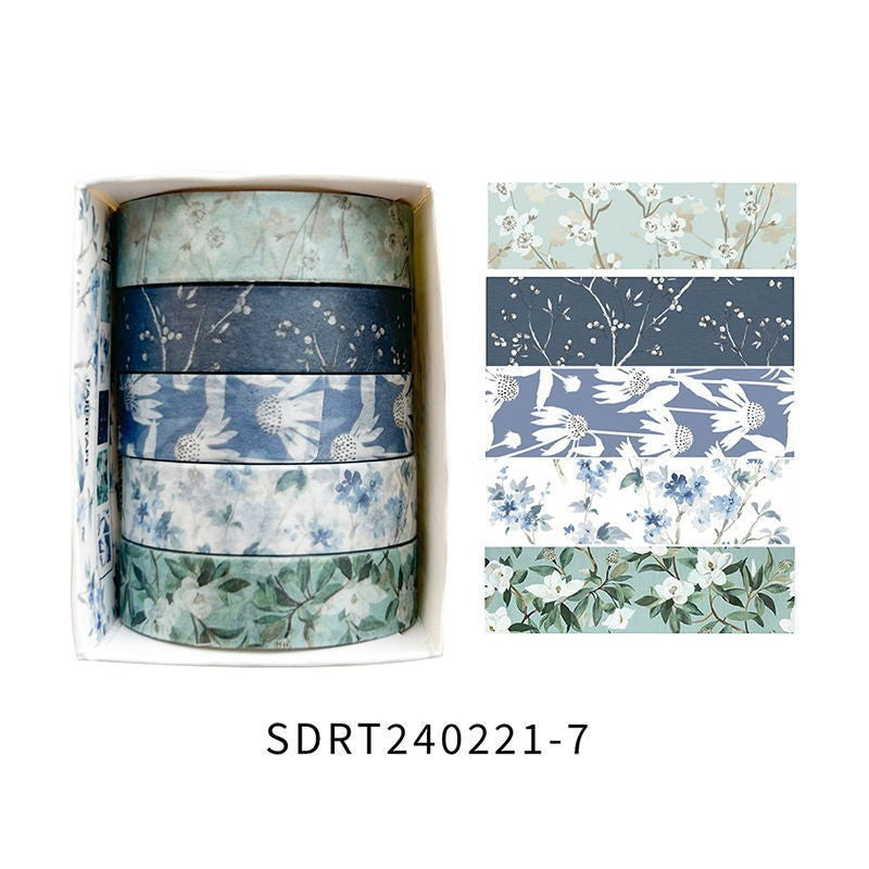 StationeryHaul 5-roll set of floral washi tape featuring blue and green botanical patterns for journaling
