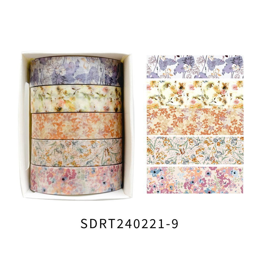 StationeryHaul set of 5 floral washi tapes featuring vintage-inspired watercolor flower patterns for journaling.