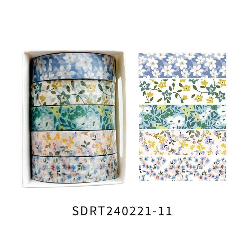 StationeryHaul floral washi tape set featuring 5 rolls of decorative paper tape with colorful botanical patterns