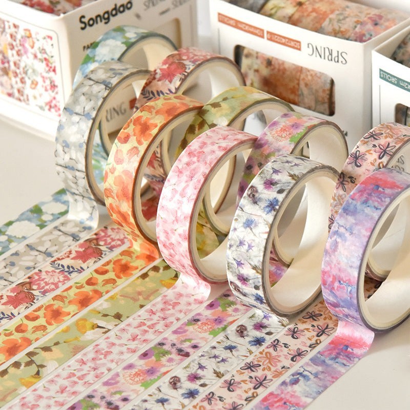 StationeryHaul floral washi tape set featuring five rolls with colorful spring flower patterns for journaling