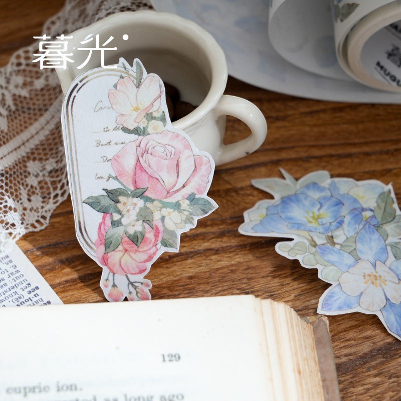 StationeryHaul watercolor floral washi tape and sticker set with pink roses and blue blossoms.