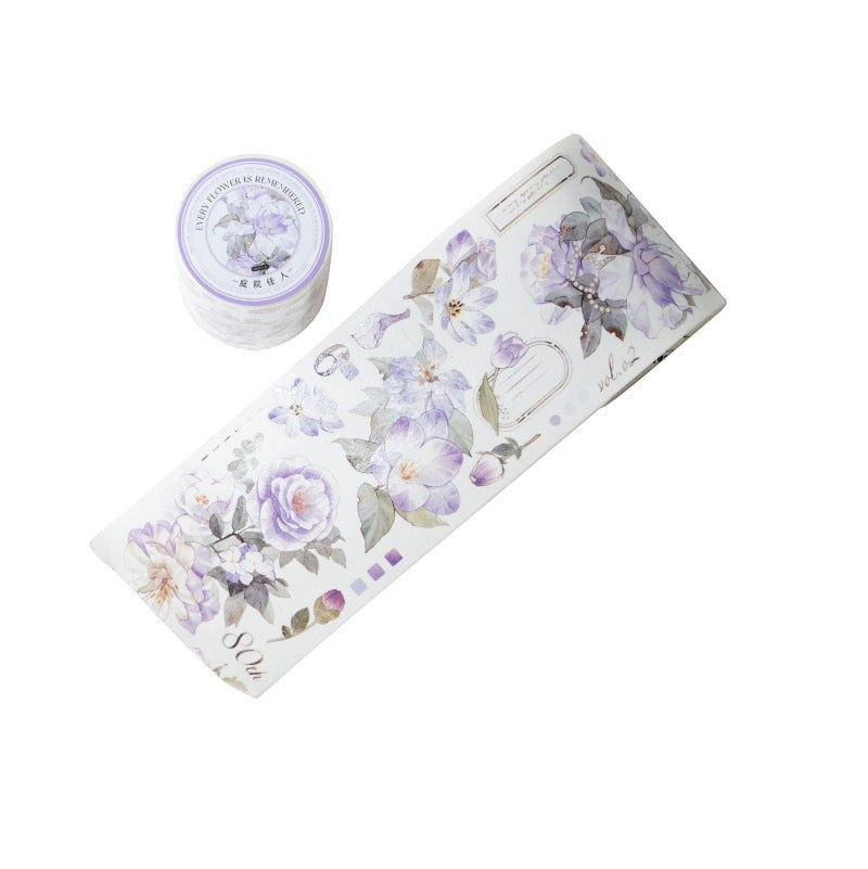 StationeryHaul floral washi tape and sticker set with blue and purple watercolor blossoms and vintage script.
