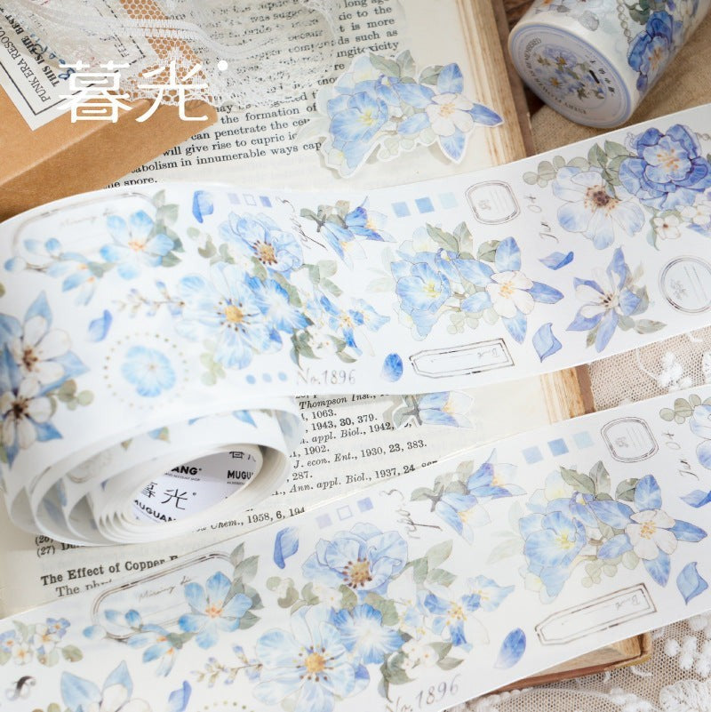 StationeryHaul blue and pink floral watercolor washi tape and stickers with vintage script accents.