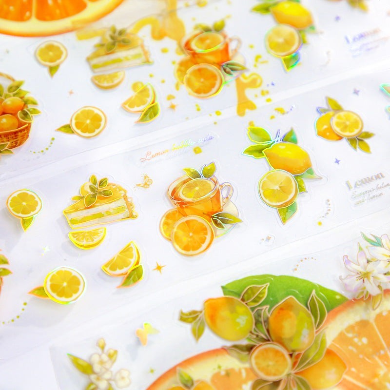 StationeryHaul Fruity Fun Decorative Washi Tape Collection with lemon slices, cake, and tea. Holographic accents.