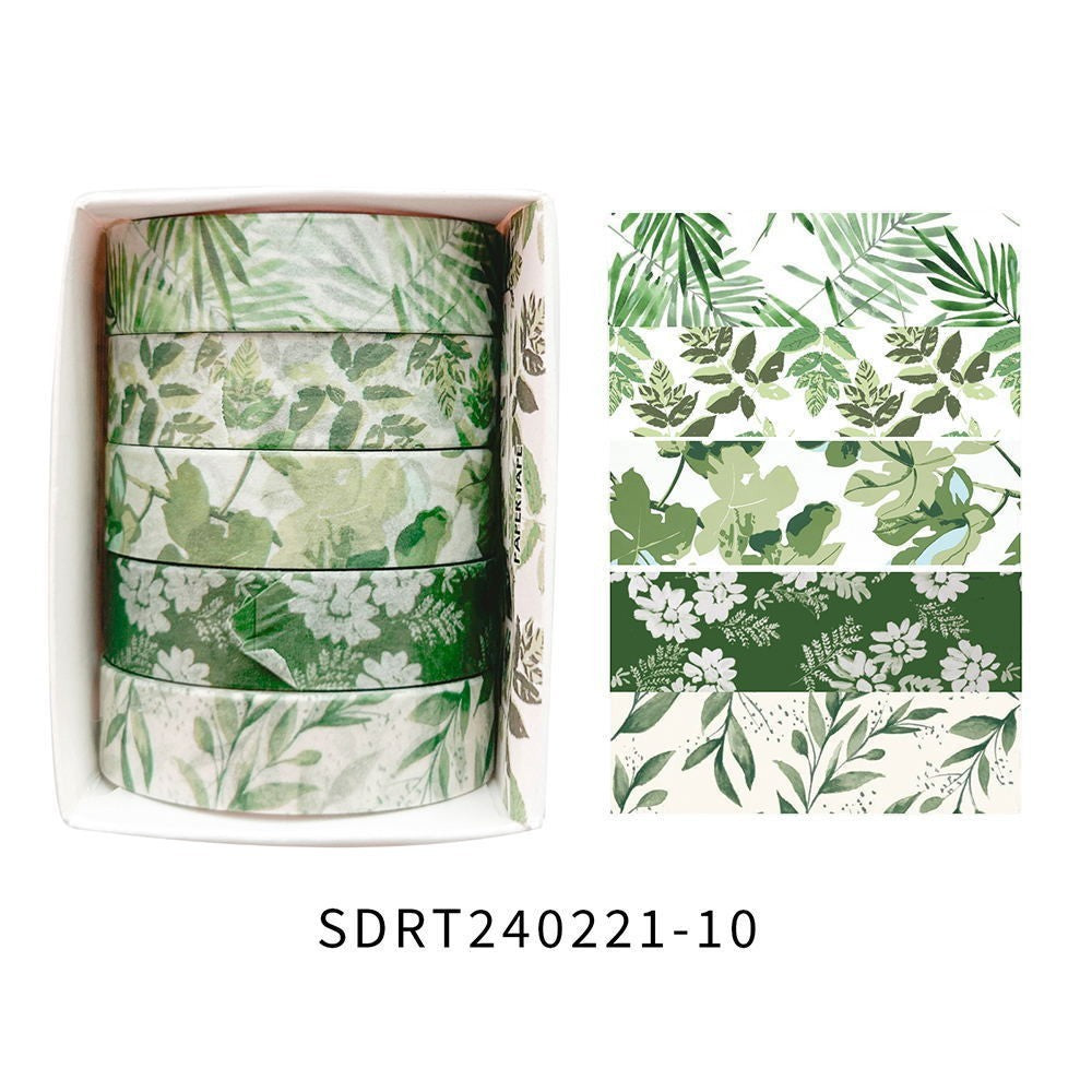 StationeryHaul set of 5 green botanical washi tapes featuring floral and leaf patterns for journaling and crafts