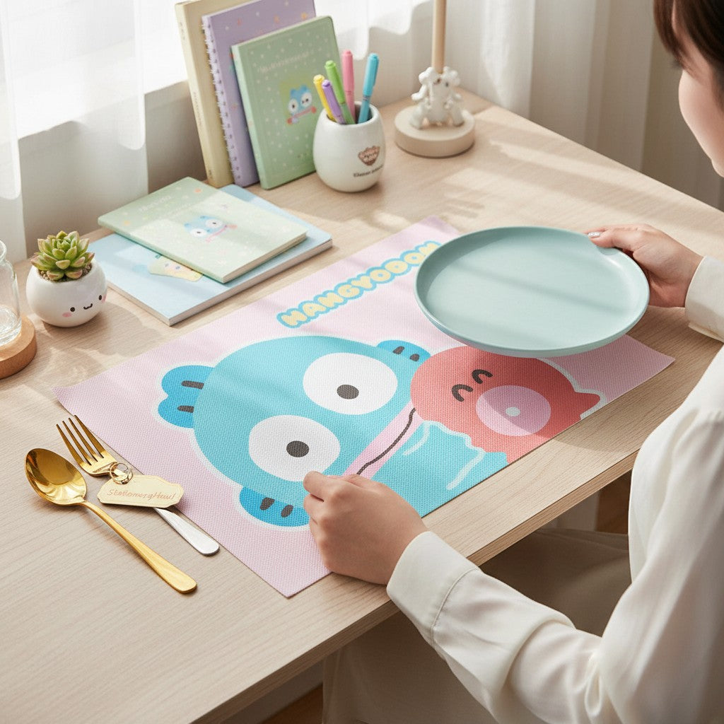 StationeryHaul Hangyodon placemat with blue and pink characters, perfect for dining tables. Easy to clean.