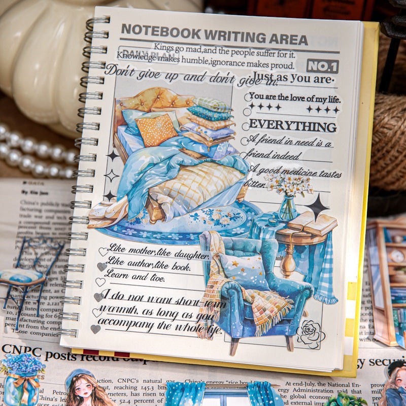 StationeryHaul blue and yellow hard card stickers featuring a cozy bedroom scene with a bed, armchair, and books.