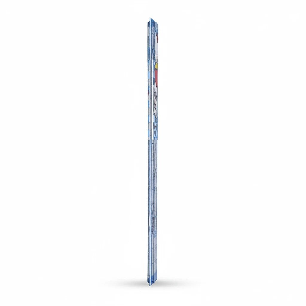 StationeryHaul Hello Kitty 20cm transparent blue plastic ruler shown from a slim side profile view.