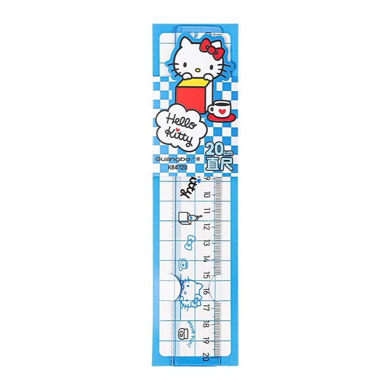 StationeryHaul Hello Kitty 20cm transparent blue plastic ruler with checkered pattern and character graphics