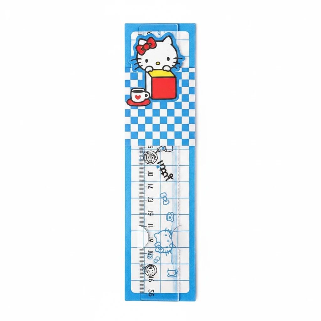 StationeryHaul Hello Kitty 20cm transparent blue plastic ruler with checkered pattern and cute character graphics.
