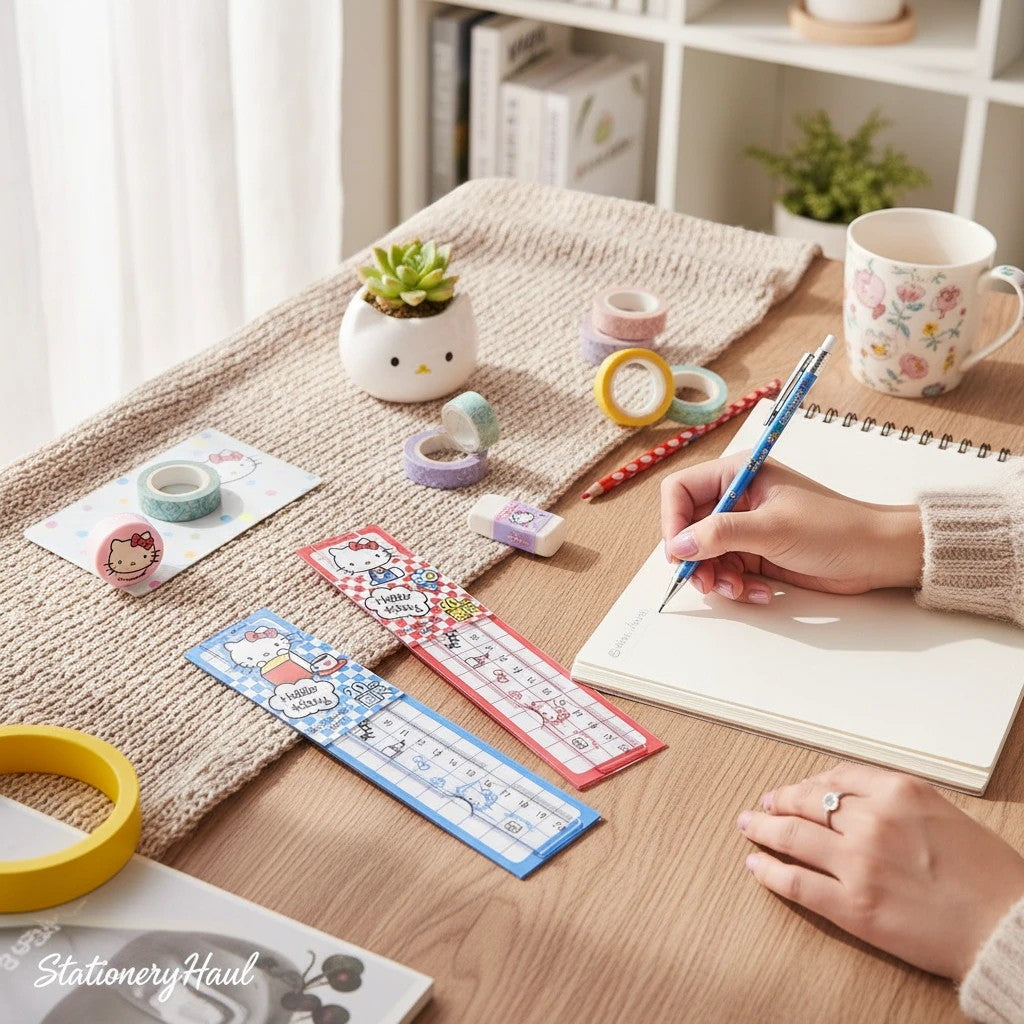 StationeryHaul Hello Kitty decorative rulers in blue and red on a wooden desk with a person writing in a notebook