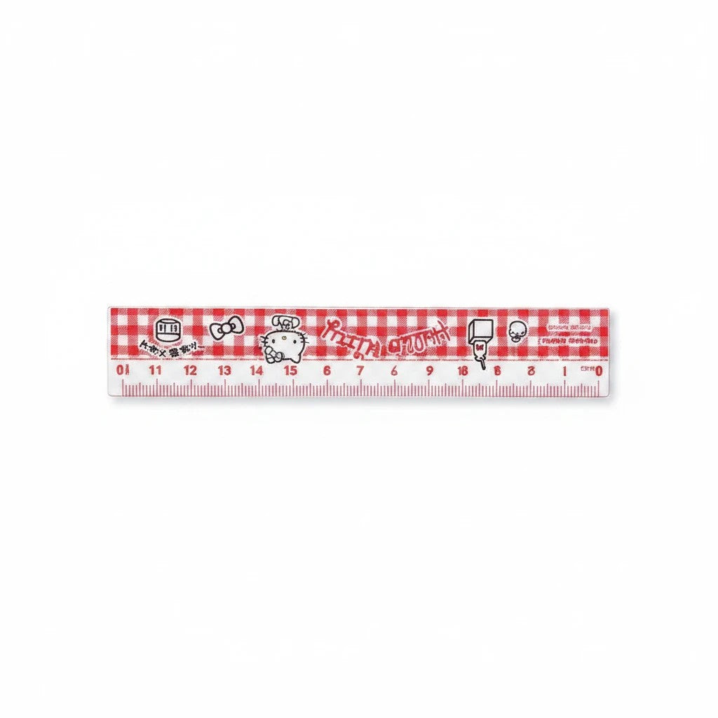 StationeryHaul Hello Kitty 15cm plastic ruler with a red and white gingham pattern and cute character graphics.