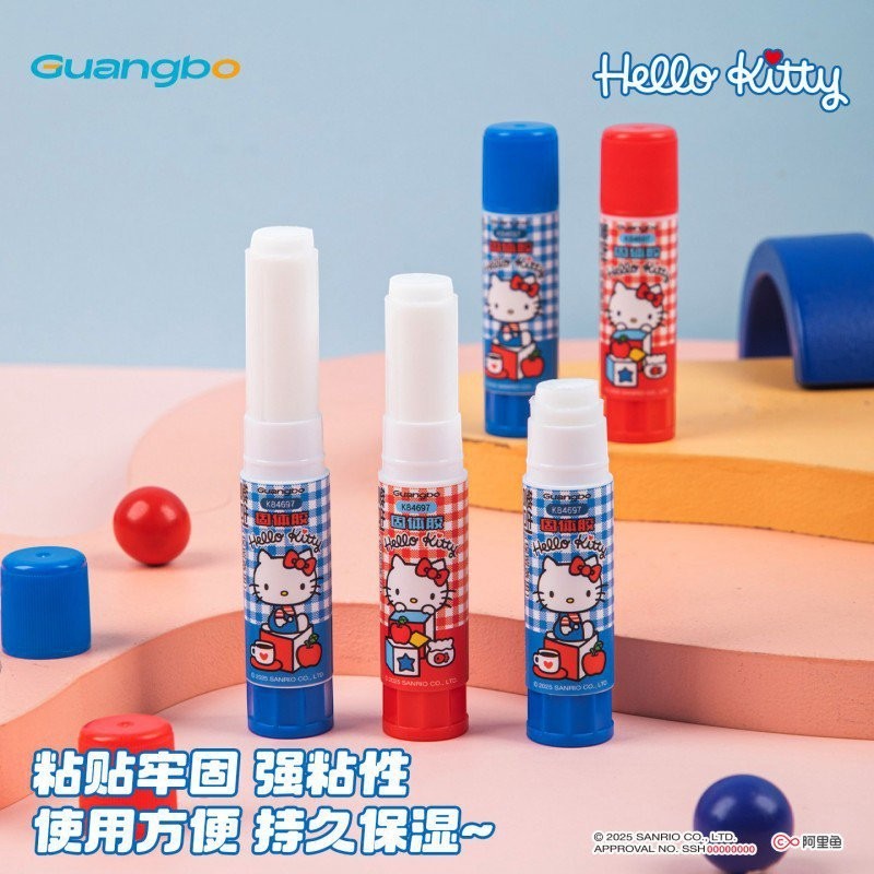 StationeryHaul Hello Kitty solid glue sticks featuring cute Sanrio character designs in blue and red tubes.