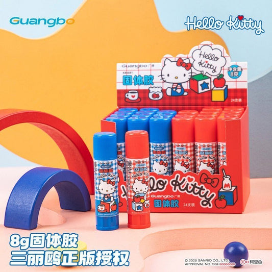 StationeryHaul Hello Kitty 8g glue sticks in blue and red tubes with Sanrio character designs in a display box