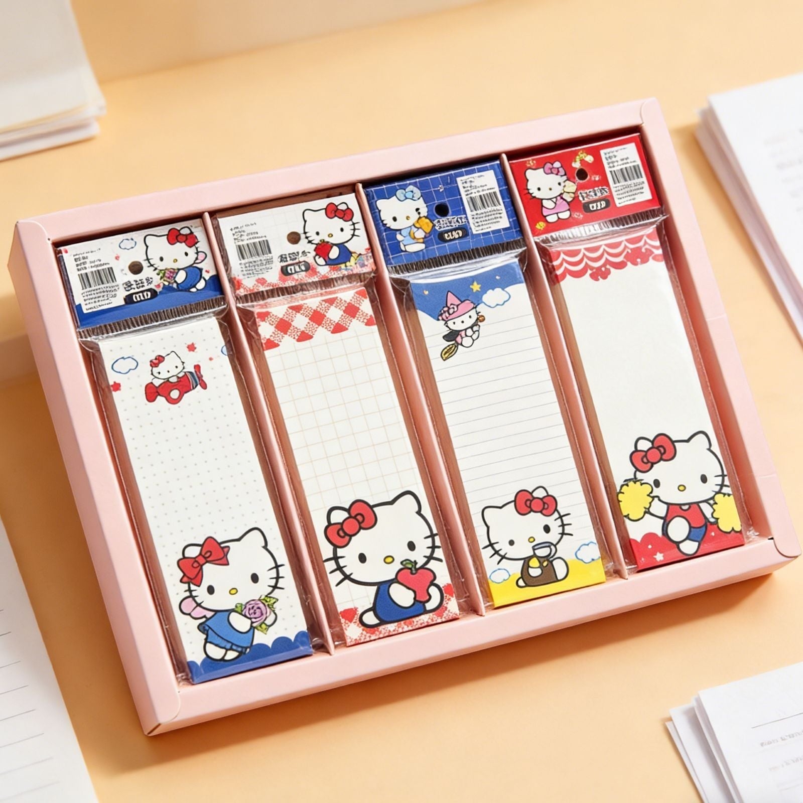 StationeryHaul Hello Kitty long note book set featuring four colorful memo pads with various cute character patterns
