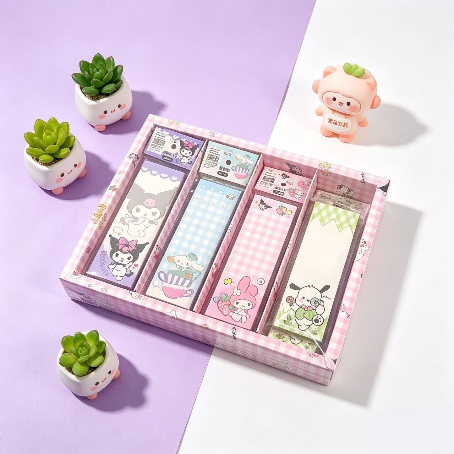 StationeryHaul Hello Kitty long notebook set featuring four colorful character memo pads in a gift box