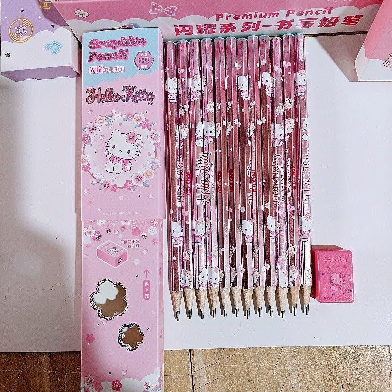 StationeryHaul Hello Kitty pearlescent pink graphite pencils with cherry blossom patterns and matching pencil sharpener