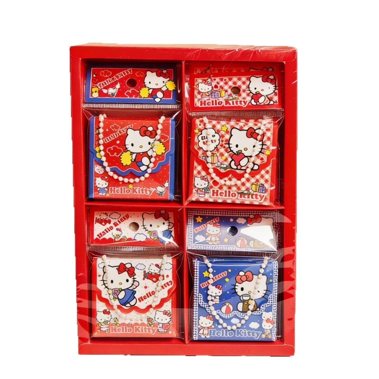 StationeryHaul Hello Kitty themed mini tote bag folding notebooks with pearl chain handles in a red display box