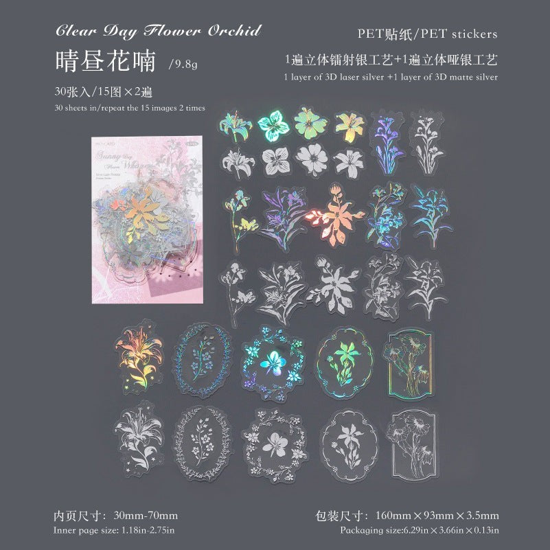 StationeryHaul iridescent butterfly and floral decorative stickers, clear PET material with holographic finish.