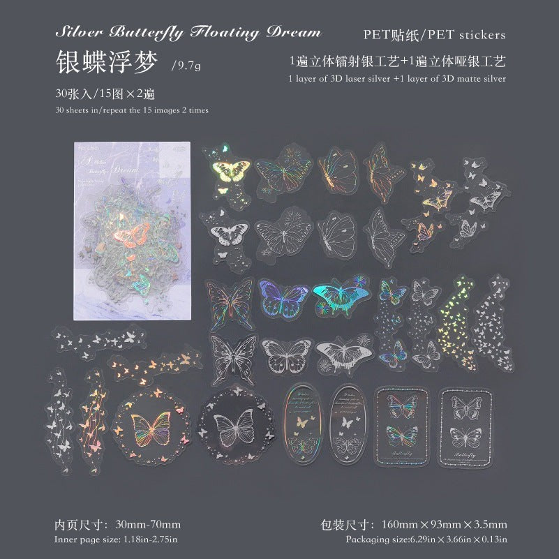 StationeryHaul iridescent butterfly and floral decorative stickers with holographic finish. Includes various butterfly designs and floral elements.