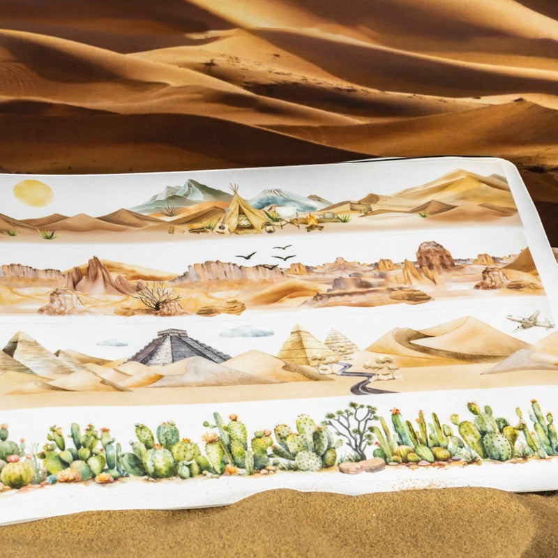 StationeryHaul Ketchup Girl PET landscaping tape featuring desert journey illustrations with cacti, pyramids, and dunes.