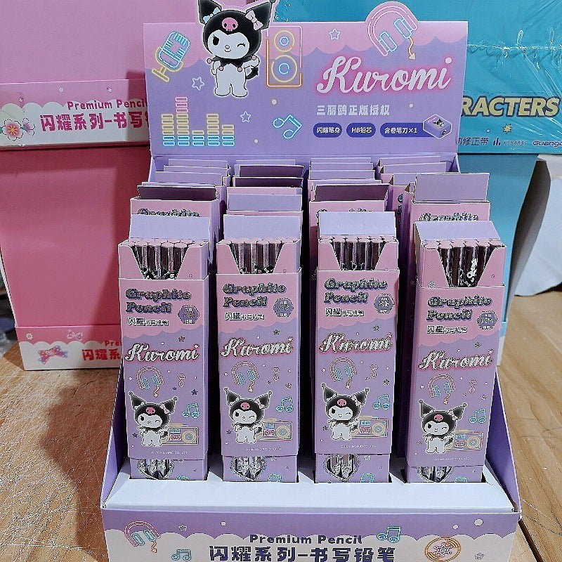 StationeryHaul Kuromi themed HB graphite pencils in purple pearlescent boxes displayed in a retail counter box