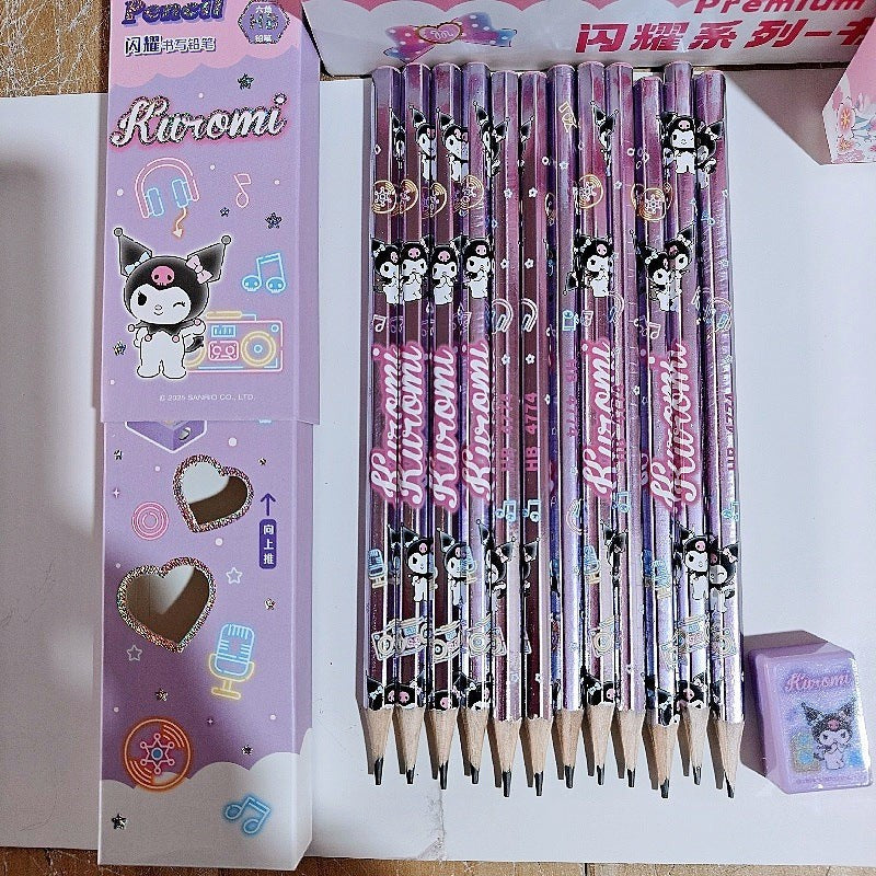StationeryHaul Sanrio Kuromi HB pencils in a purple pearlescent finish with matching box and eraser