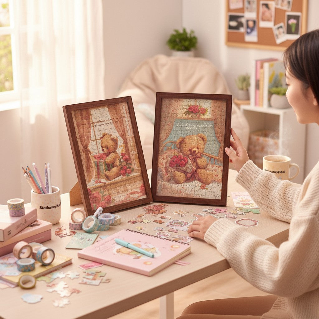 StationeryHaul Little Bear Flower House puzzle set with two 288-piece puzzles featuring teddy bears and floral designs.