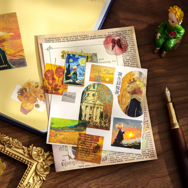 StationeryHaul The Little Prince Star Art Museum sticker collection featuring Van Gogh's Starry Night and sunflowers, gold foil accents.