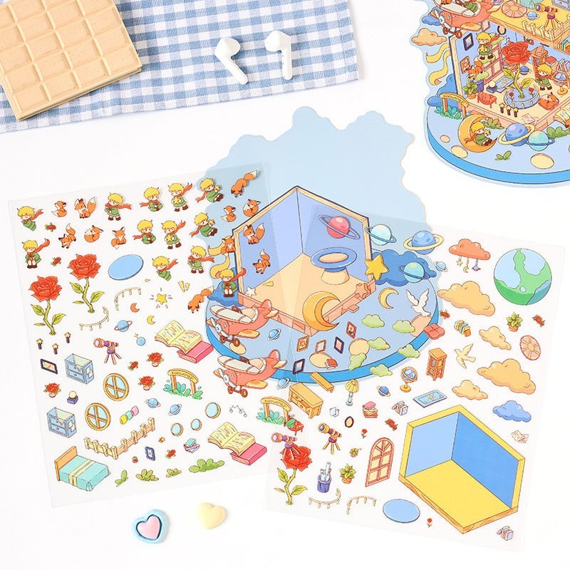 StationeryHaul Little Prince and whimsical village PET stickers with illustrations of planets, roses, foxes, and airplanes.